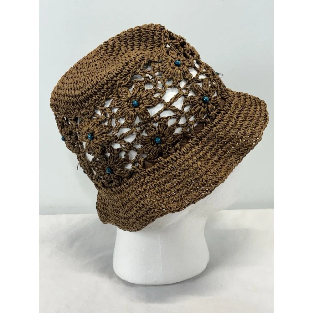 Unbranded Crochet Raffia Bucket Hat Women's Blue Bead Y2K Hippie Indie Grunge